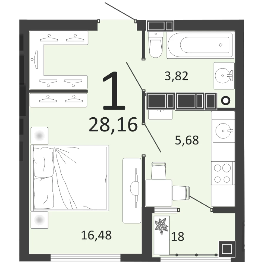 1-ая квартира с современными системами площадью 28,16 м2